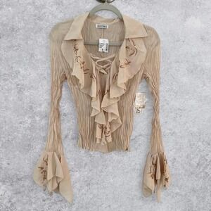Kaelyn Max Tan Pleated Embroidered Lace Up Ruffle Bell Sleeve Blouse NWT Small